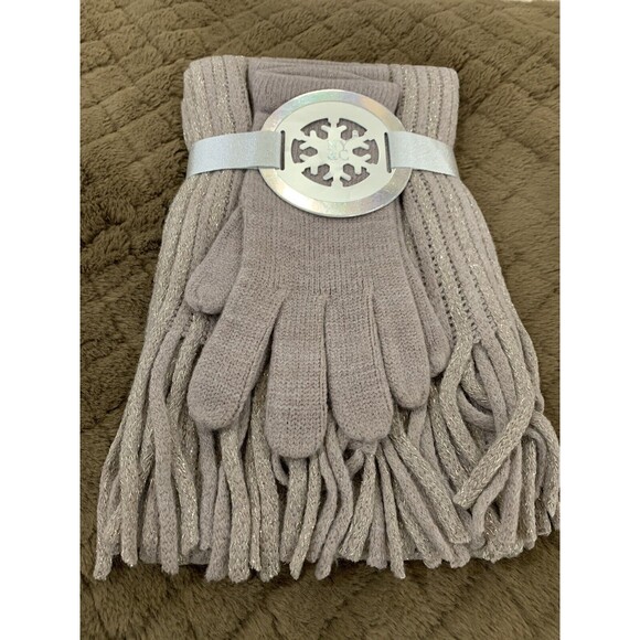 NY&C Scarf And Glove Gift Set Taupe with SILVER metallic BRAND NEW - Picture 1 of 2